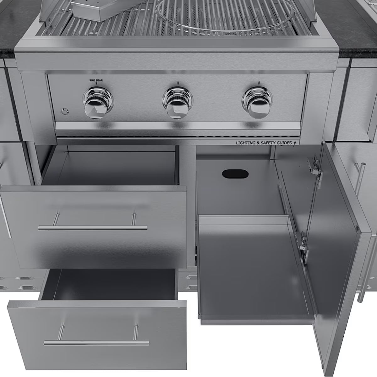 Sunstone Caprice 6′4″ Stainless Steel Outdoor Kitchen Island Package with Grill, Side Burner, Refrigerator & Sink