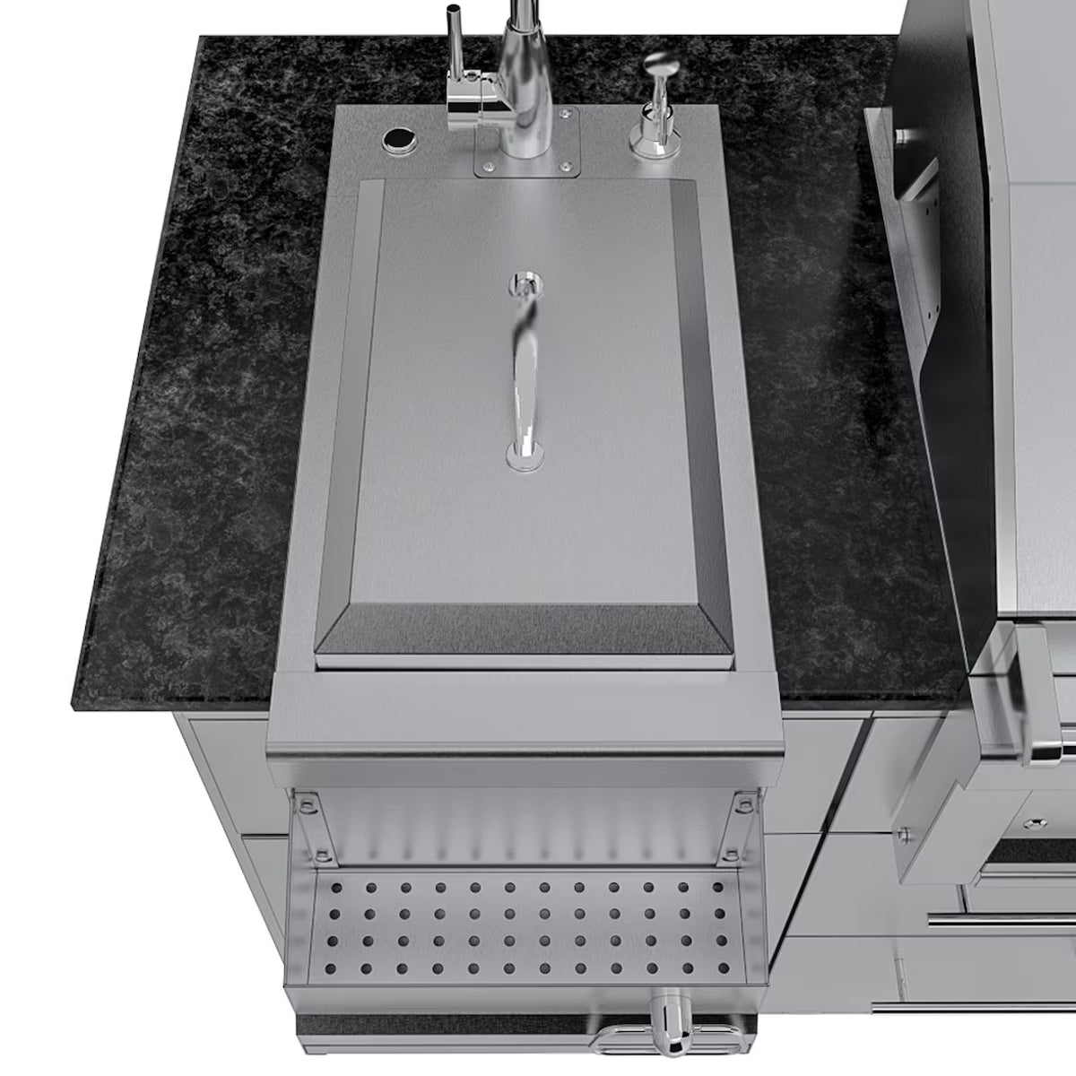 Sunstone Caprice 6′4″ Stainless Steel Outdoor Kitchen Island Package with Grill, Side Burner, Refrigerator & Sink