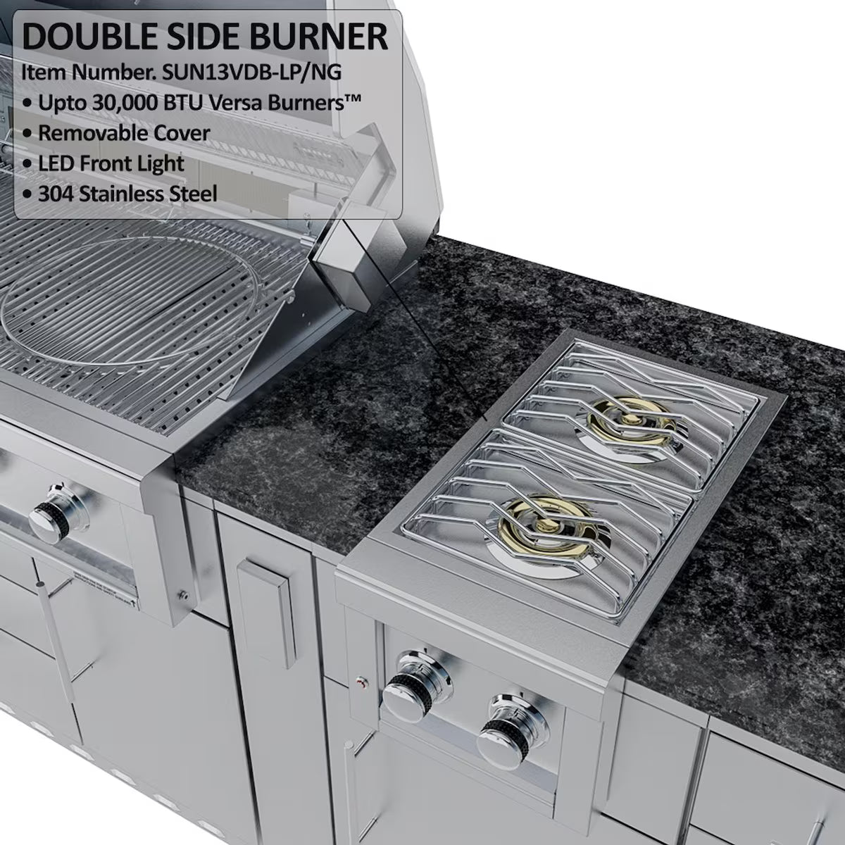 Sunstone Savanna 16′ Stainless Steel Outdoor Kitchen Island Package with Grill, Double Burner, Refrigerator & Sink