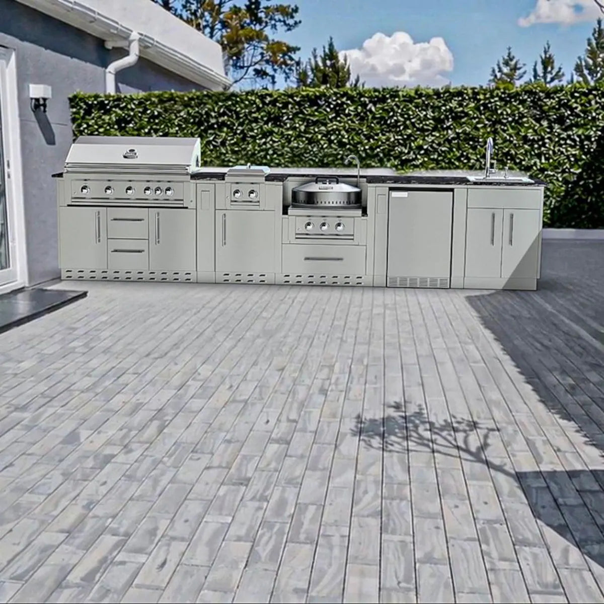Sunstone Hill Country 13′6″ Stainless Steel Outdoor Kitchen Island Package with Grill, Side Burner, Refrigerator & Sink