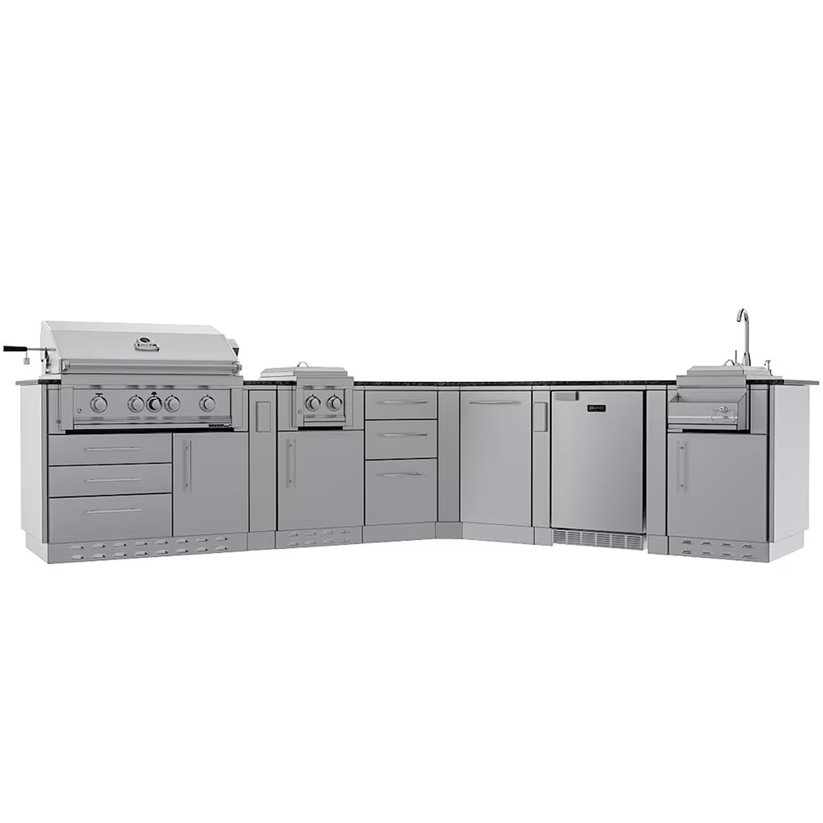 Sunstone Savanna 16′ Stainless Steel Outdoor Kitchen Island Package with Grill, Double Burner, Refrigerator & Sink