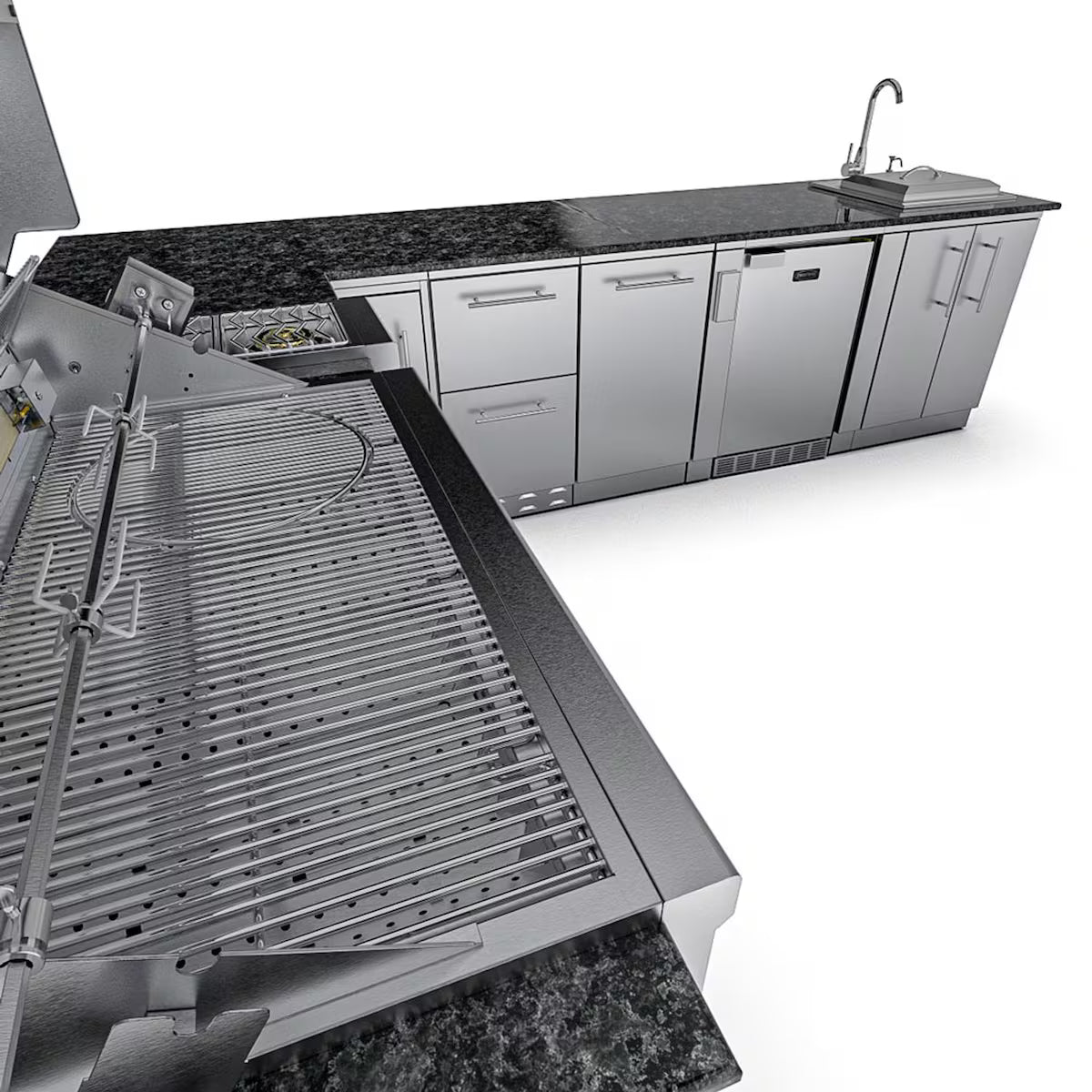 Sunstone Rancher L-Shaped 8′11″ × 11′ Stainless Steel Outdoor Kitchen Island Package