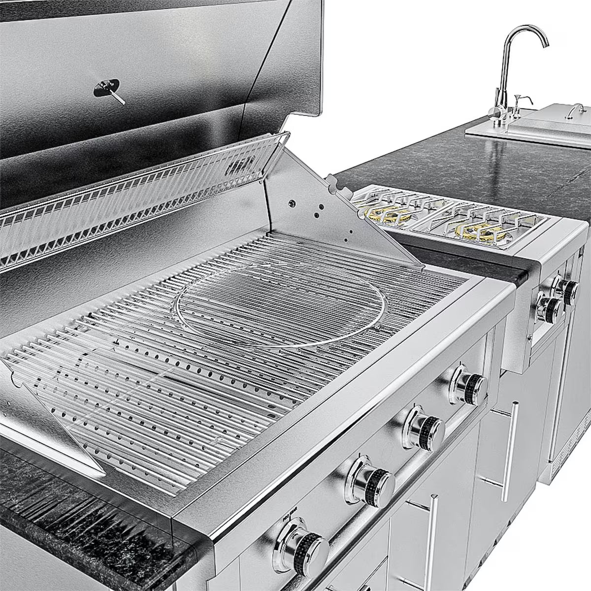 Sunstone Houston 9′8″ Stainless Steel Outdoor Kitchen Island Package with Grill, Side Burner, Refrigerator & Sink