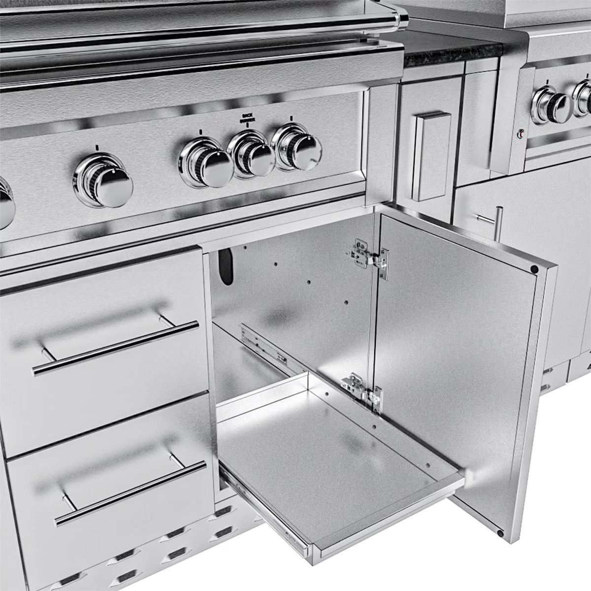 Sunstone Hill Country 13′6″ Stainless Steel Outdoor Kitchen Island Package with Grill, Side Burner, Refrigerator & Sink