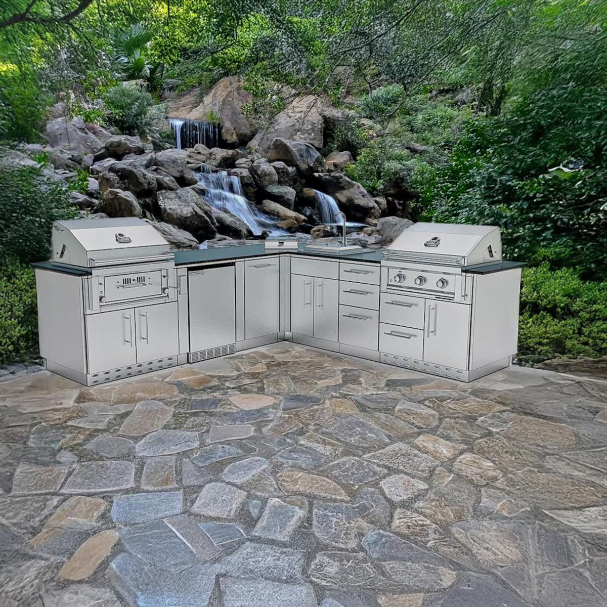 Sunstone Texas Tango 19′ Stainless Steel Outdoor Kitchen Island Package with Grill, Side Burner, Refrigerator & Sink