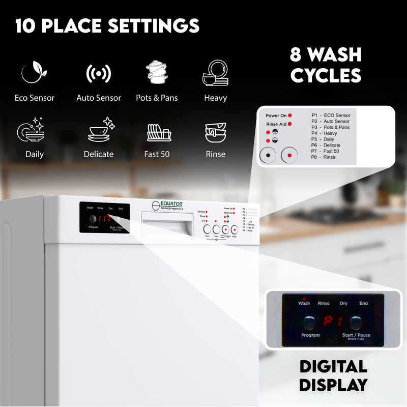 Equator Advanced Appliances 18″ Built-In Dishwasher – 10 Place Settings with Wine Rack, 3.4 Gal, 51 dB Quiet, ENERGY STAR®, ADA, 110V White