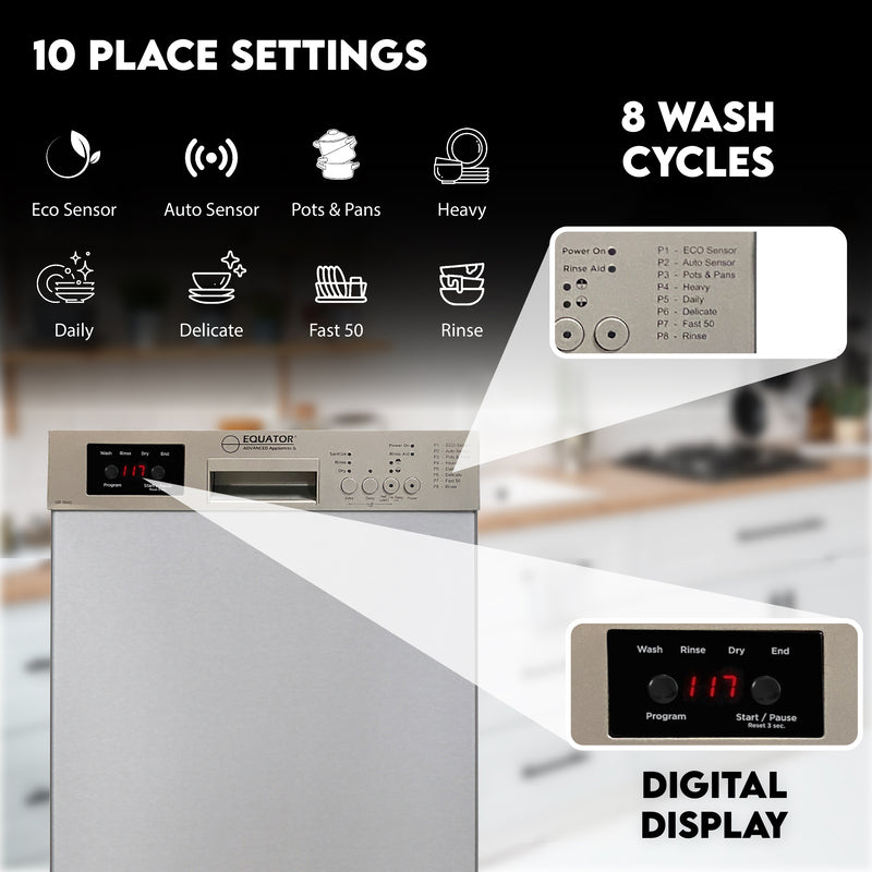 Equator Advanced Appliances 18″ Built-In Dishwasher – 10 Place Settings with Wine Rack, 3.4 Gal, 51 dB Quiet, ENERGY STAR®, ADA, 110V Stainless