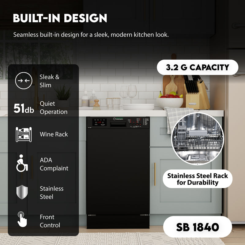 Equator Advanced Appliances 18″ Built-In Dishwasher – 10 Place Settings with Wine Rack, 3.4 Gal, 51 dB Quiet, ENERGY STAR®, ADA, 110V Black