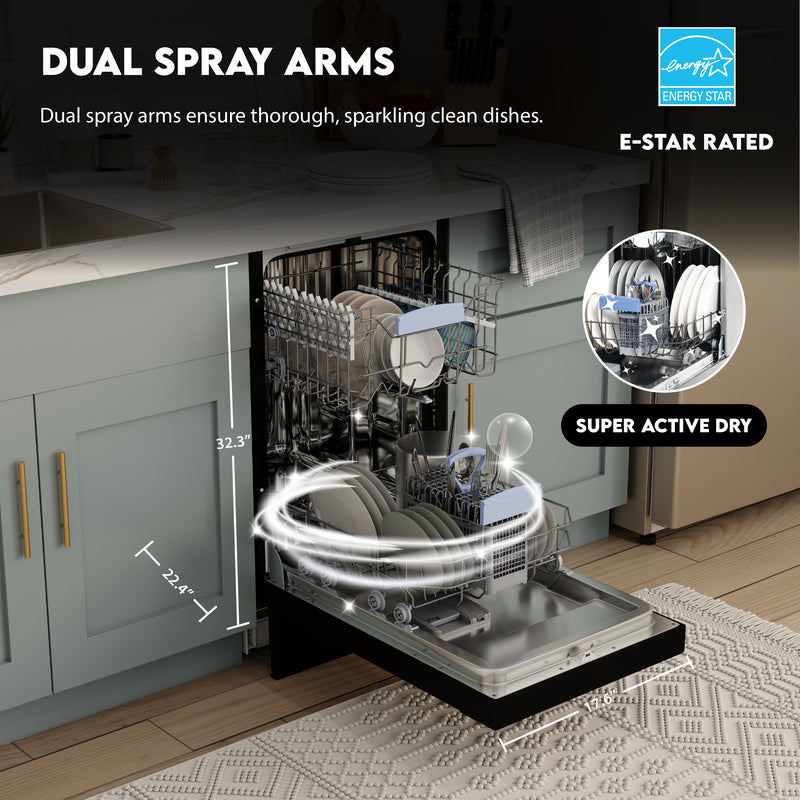 Equator Advanced Appliances 18″ Built-In Dishwasher – 10 Place Settings with Wine Rack, 3.4 Gal, 51 dB Quiet, ENERGY STAR®, ADA, 110V Black