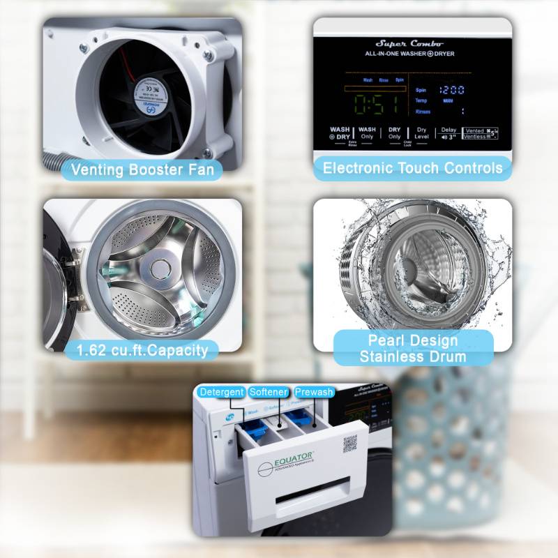 Equator Advanced Appliances All-in-One 4600 Ventless/Vented Washer Dryer with Pet Cycle, 1.62 cu. ft., 15 lb Capacity, 110V -White