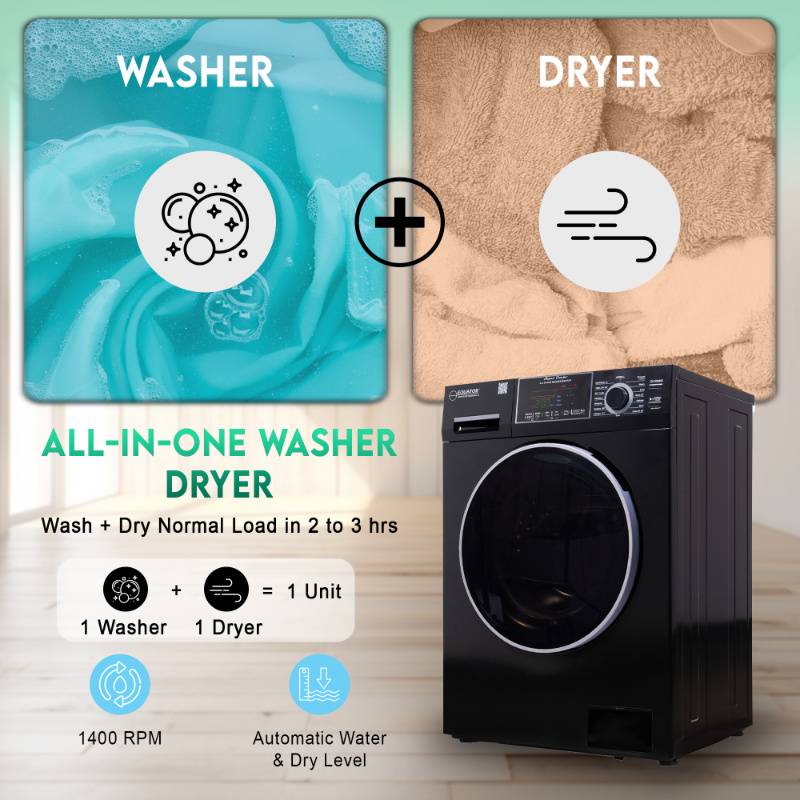 Equator Advanced Appliances All-in-One 4600 Ventless/Vented Washer Dryer with Pet Cycle, 1.62 cu. ft., 15 lb Capacity, 110V -Black