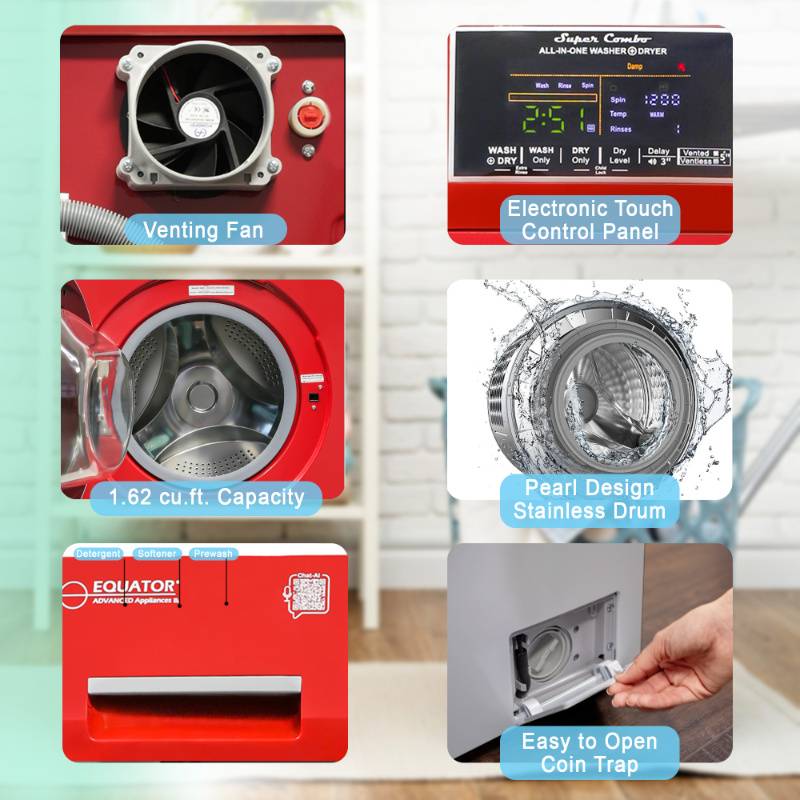 Equator Advanced Appliances All-in-One 4600 Ventless/Vented Washer Dryer with Pet Cycle, 1.62 cu. ft., 15 lb Capacity, 110V -Merlot