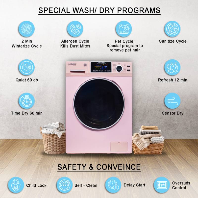 Equator Advanced Appliances All-in-One 4600 Ventless/Vented Washer Dryer with Pet Cycle, 1.62 cu. ft., 15 lb Capacity, 110V -Pink