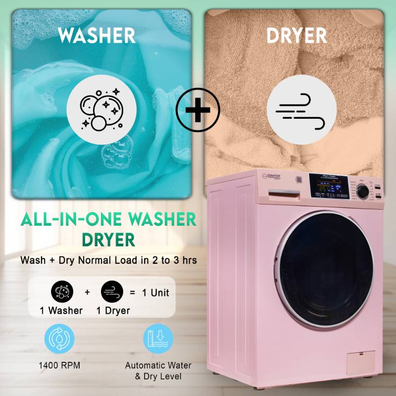 Equator Advanced Appliances All-in-One 4600 Ventless/Vented Washer Dryer with Pet Cycle, 1.62 cu. ft., 15 lb Capacity, 110V -Pink