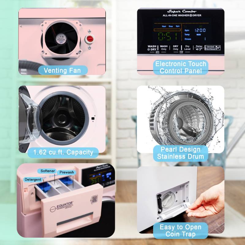Equator Advanced Appliances All-in-One 4600 Ventless/Vented Washer Dryer with Pet Cycle, 1.62 cu. ft., 15 lb Capacity, 110V -Pink