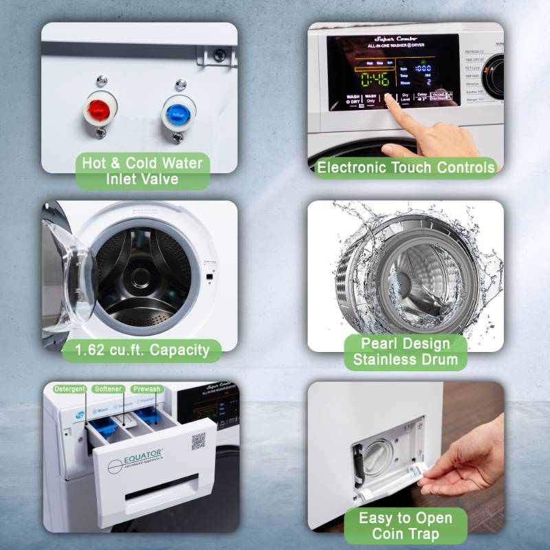 Equator Advanced Appliances All-in-One 4700 Washer-Dryer, Ventless, Fully Built-In, Zero Clearance, 1.62 cu. ft. / 15 lb Capacity, 110V, 1400 RPM - White