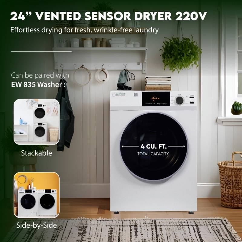 Equator Advanced Appliances Deluxe 24" 220V Vented Sensor Dryer with Sanitize Cycle, 4 cu. ft. Capacity, Touch Control Digital Display