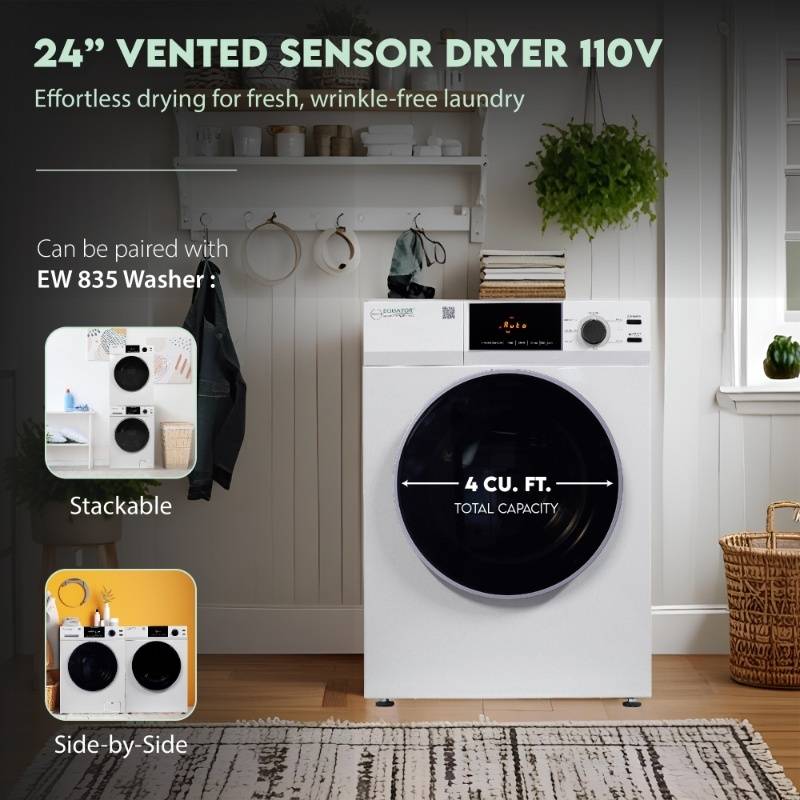 Equator Advanced Appliances Deluxe 24" Vented Sensor Dryer with Washer Socket, 4 cu. ft. / 18 lb Capacity, 110V