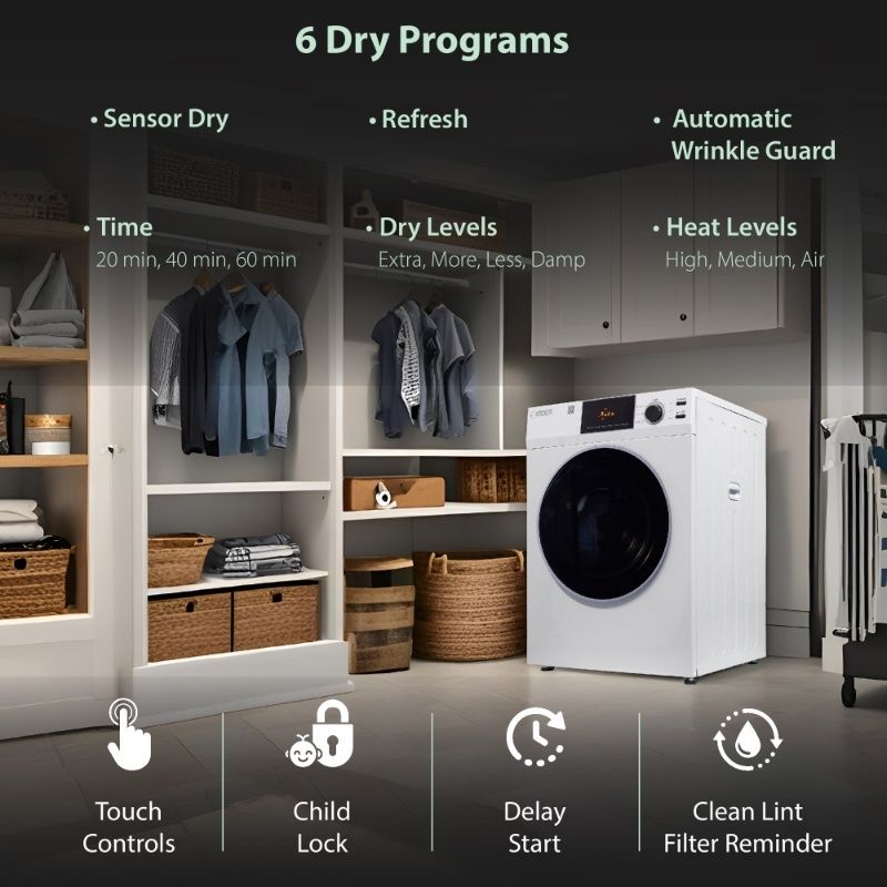 Equator Advanced Appliances Deluxe 24" Vented Sensor Dryer with Washer Socket, 4 cu. ft. / 18 lb Capacity, 110V