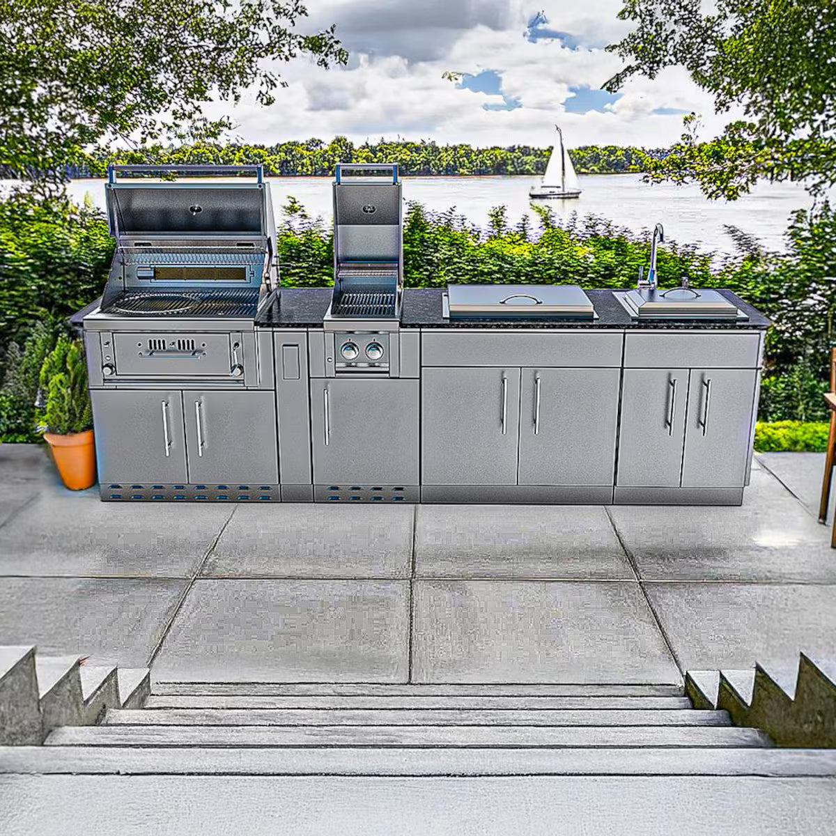 Sunstone Alamo 10′ Stainless Steel Outdoor Kitchen Island Package with Grill, Side Burner, Refrigerator & Sink