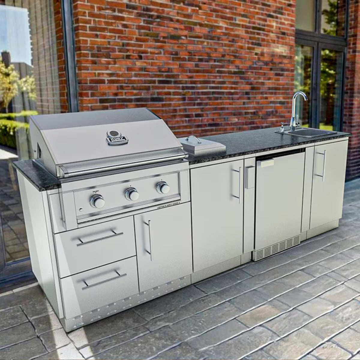 Sunstone Bayou 8′6″ Stainless Steel Outdoor Kitchen Island Package with Grill, Burner, Refrigerator & Sink
