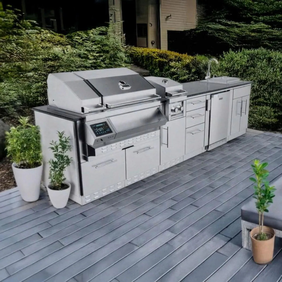 Sunstone Cypress 11′6″ Stainless Steel Outdoor Kitchen Island Package with Grill, Burner, Refrigerator & Sink