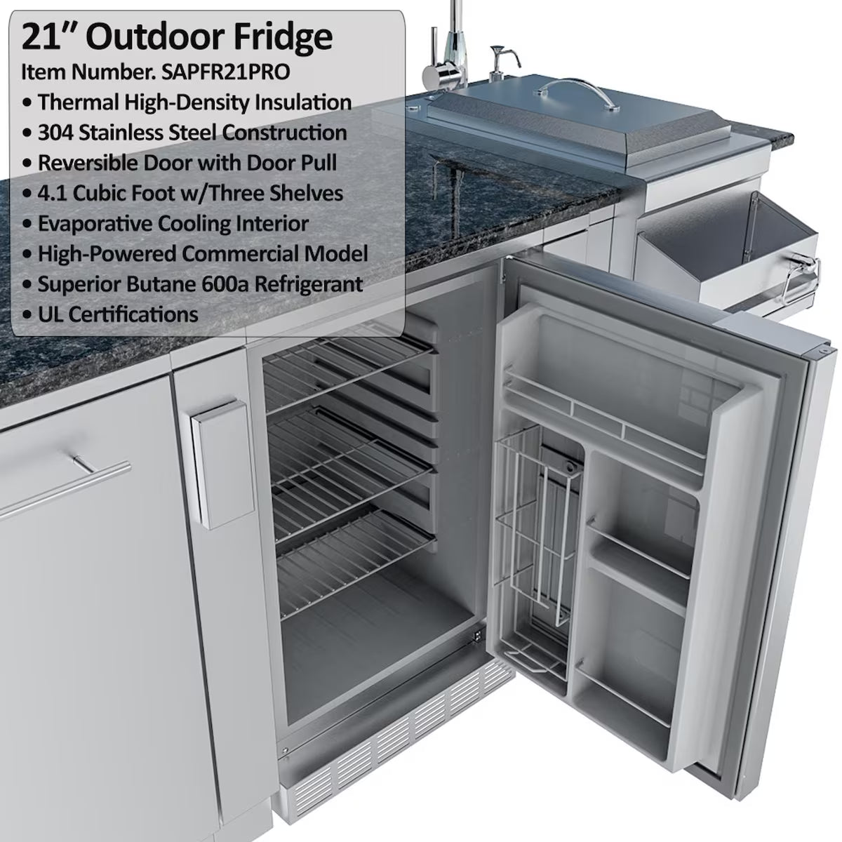 Sunstone Savanna 16′ Stainless Steel Outdoor Kitchen Island Package with Grill, Double Burner, Refrigerator & Sink
