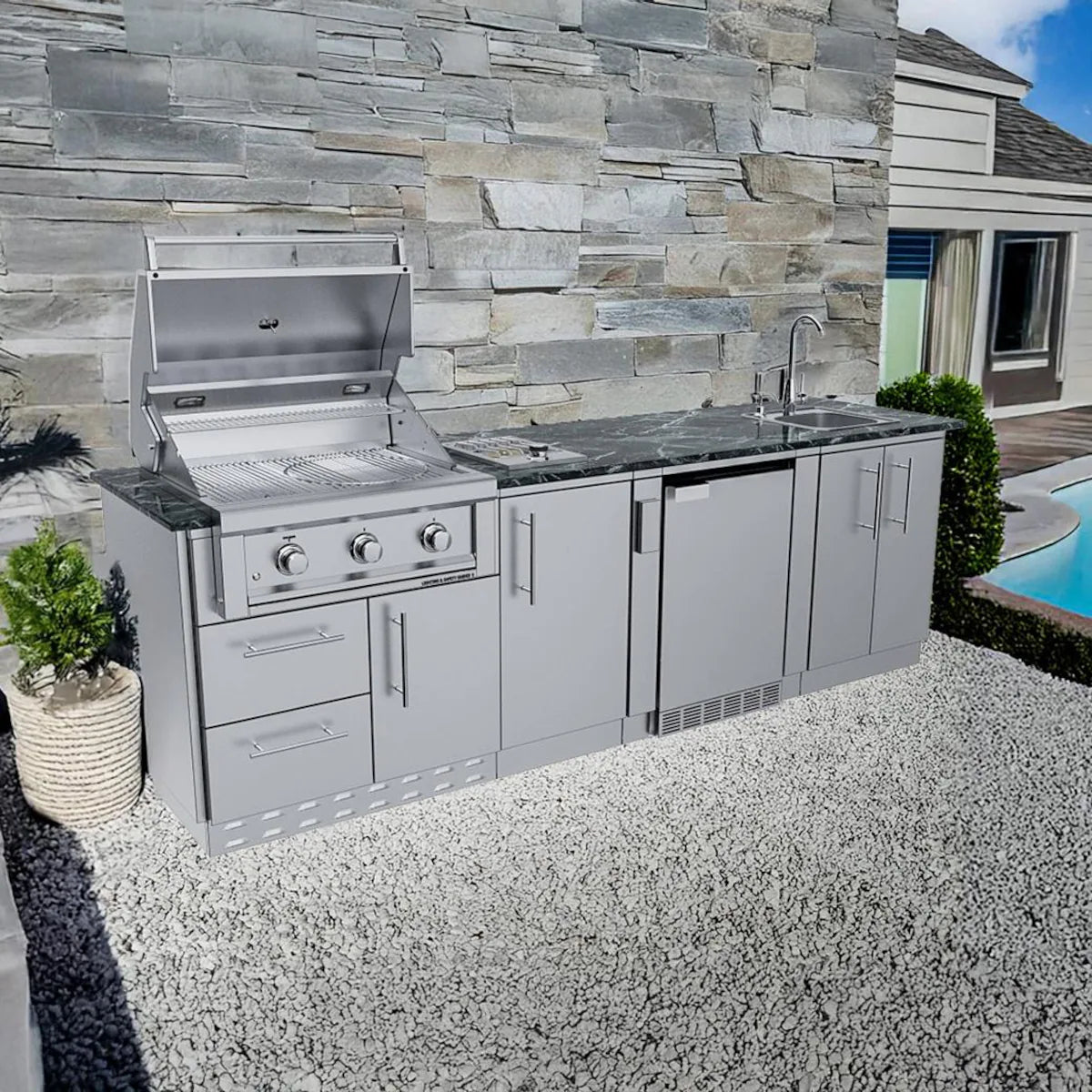 Sunstone Brazos 9′ Stainless Steel Outdoor Kitchen Island Package with Grill, Side Burner, Refrigerator & Sink