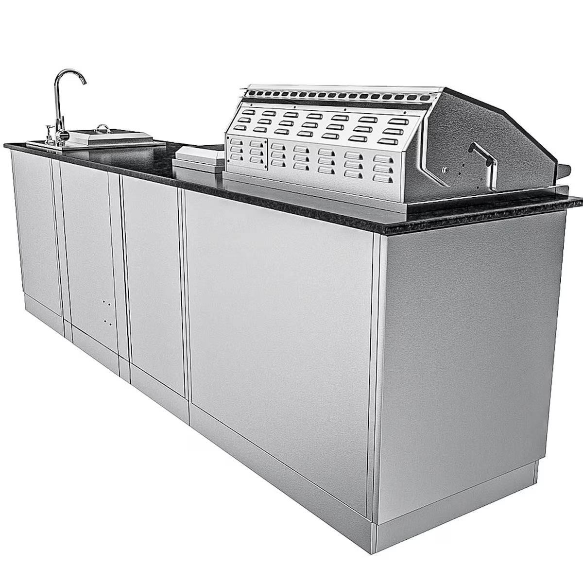 Sunstone Houston 9′8″ Stainless Steel Outdoor Kitchen Island Package with Grill, Side Burner, Refrigerator & Sink