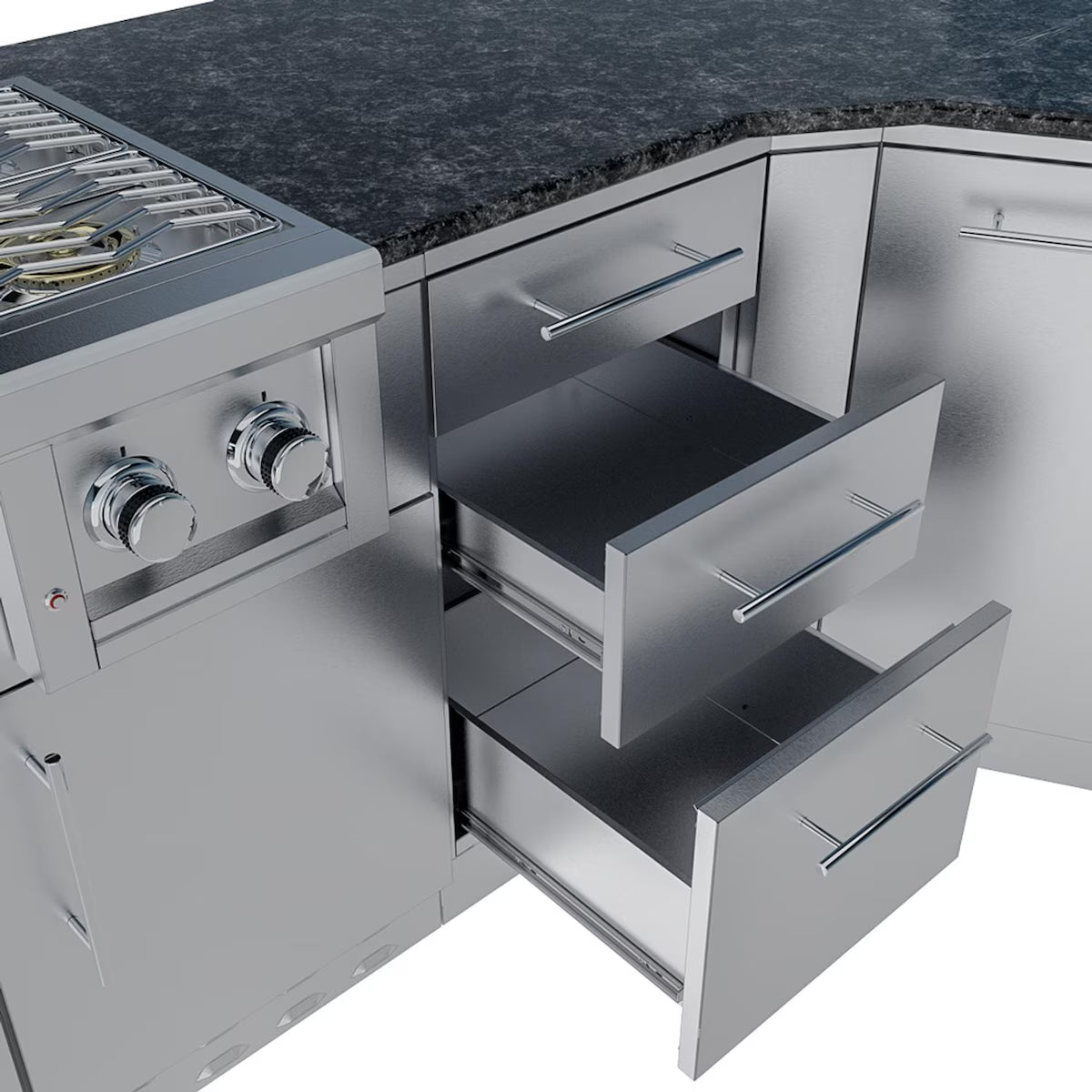 Sunstone Savanna 16′ Stainless Steel Outdoor Kitchen Island Package with Grill, Double Burner, Refrigerator & Sink
