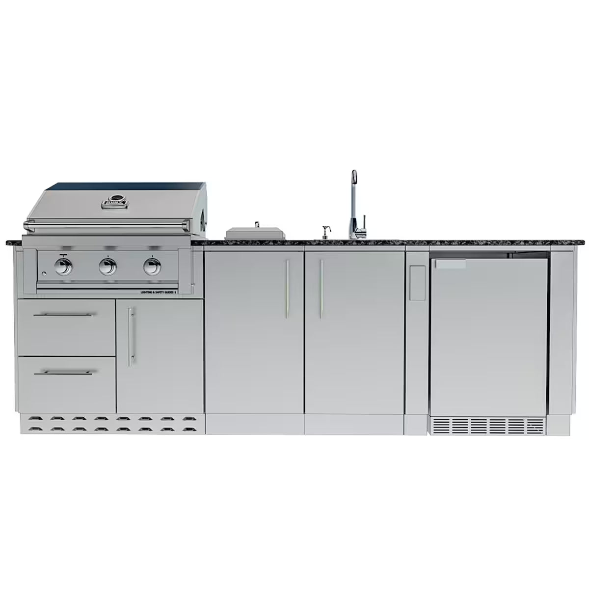 Sunstone Bayou 8′6″ Stainless Steel Outdoor Kitchen Island Package with Grill, Burner, Refrigerator & Sink