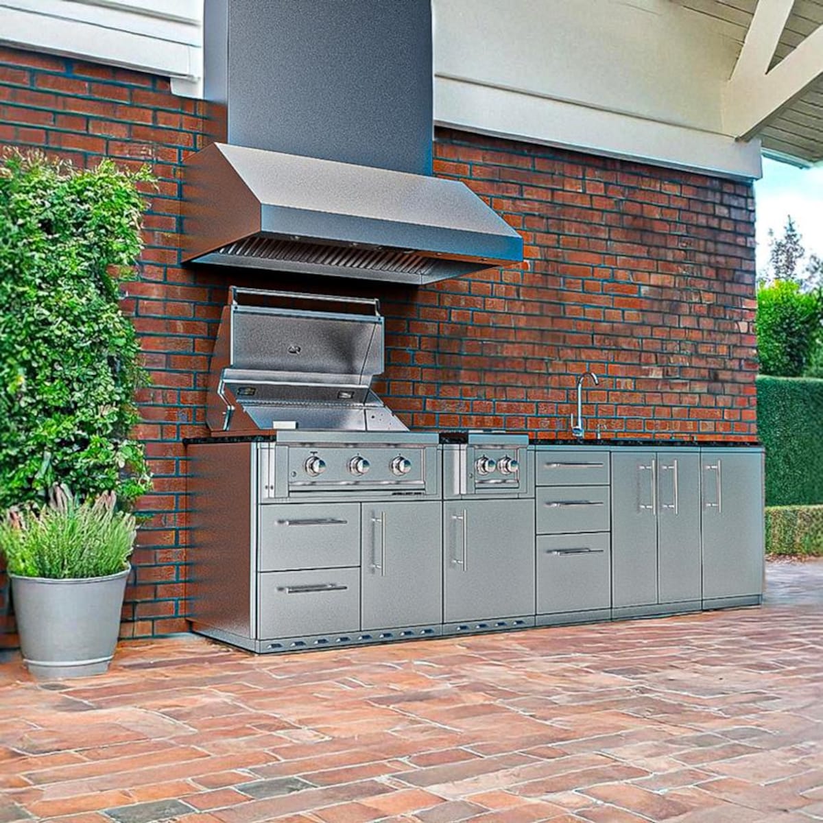 Sunstone Magnolia 10′ Stainless Steel Outdoor Kitchen Island Package with Grill, Side Burner, Refrigerator & Sink