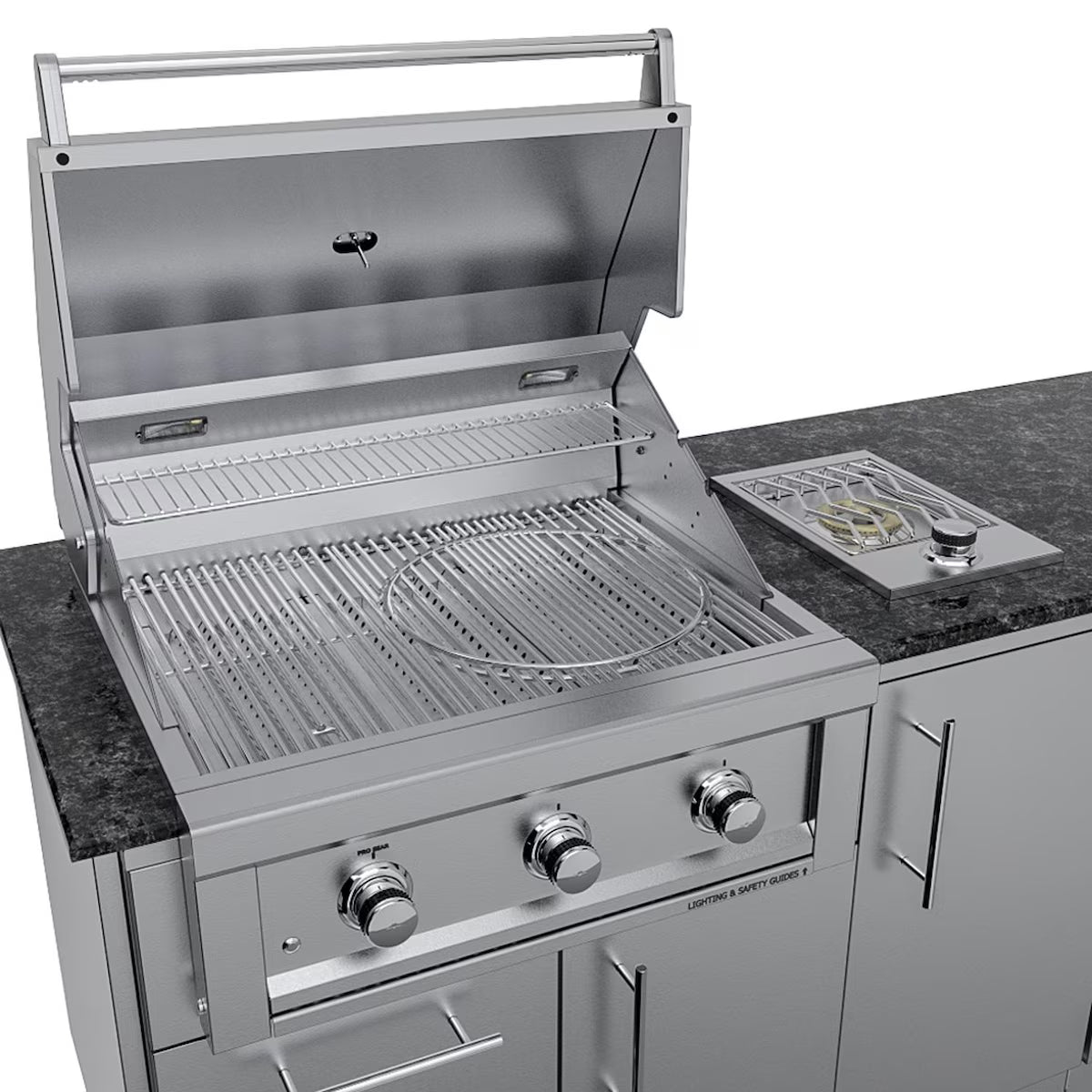 Sunstone Brazos 9′ Stainless Steel Outdoor Kitchen Island Package with Grill, Side Burner, Refrigerator & Sink