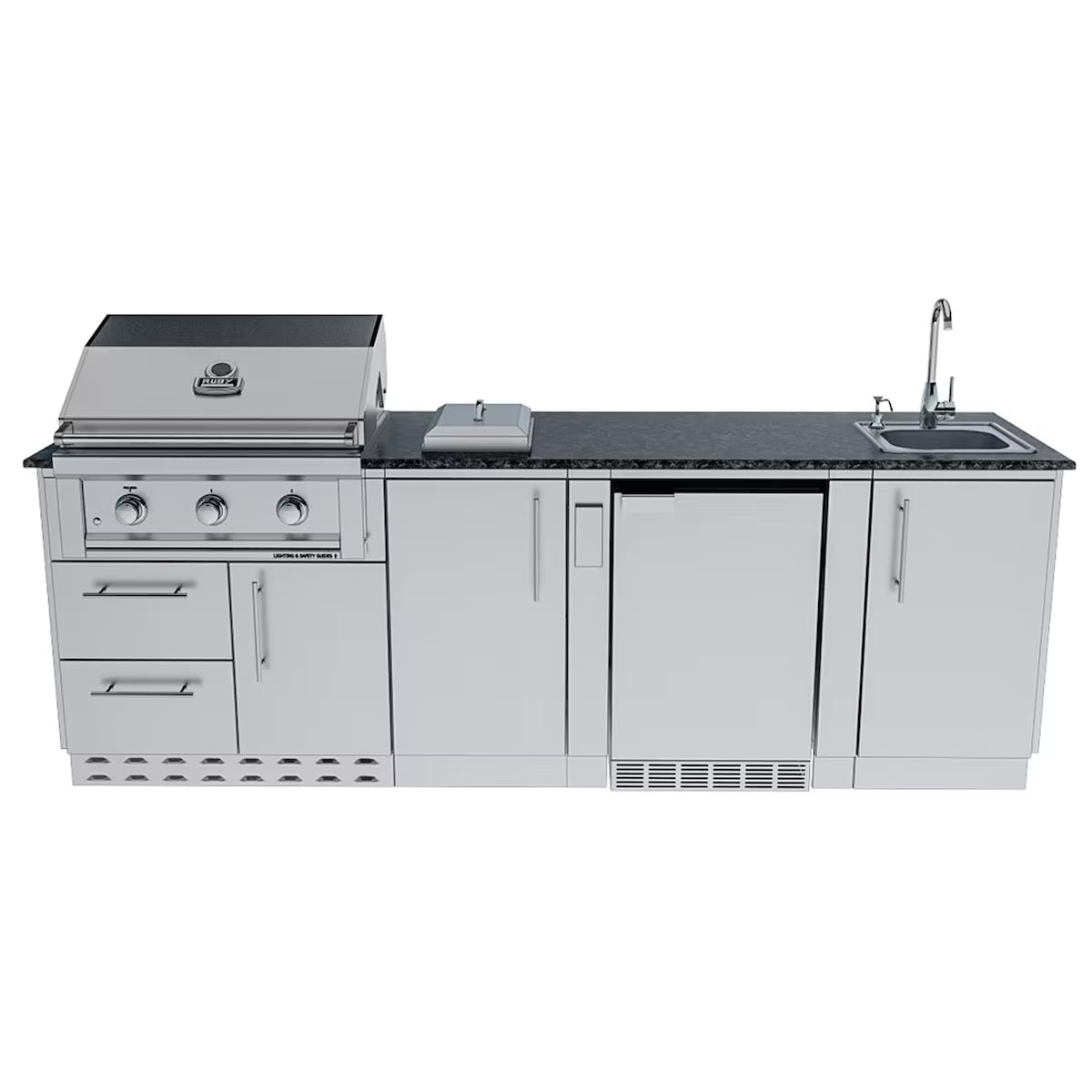 Sunstone Bayou 8′6″ Stainless Steel Outdoor Kitchen Island Package with Grill, Burner, Refrigerator & Sink