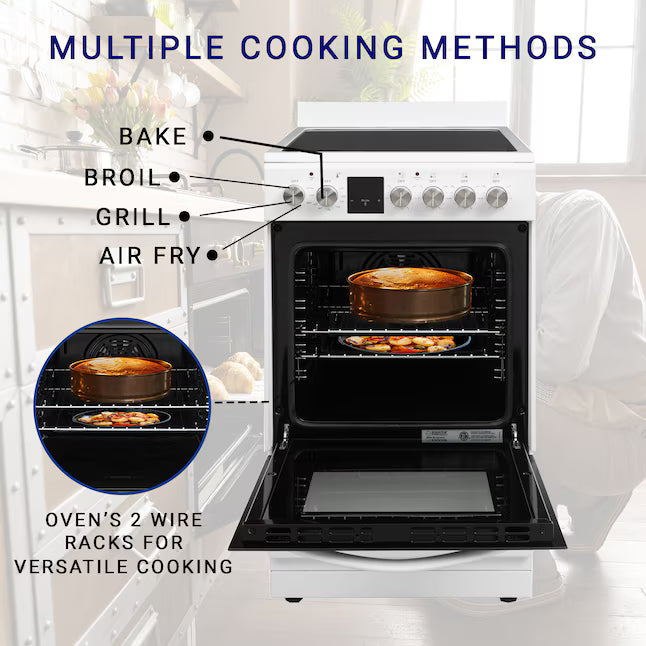 Equator Advanced Appliances 20″ Freestanding Electric Range with Air Fry Convection Oven, 4-Burner Glass Top – White