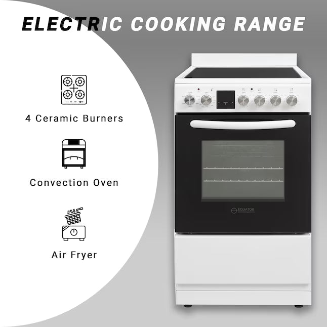 Equator Advanced Appliances 20″ Freestanding Electric Range with Air Fry Convection Oven, 4-Burner Glass Top – White