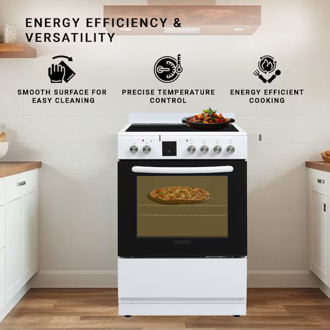 Equator Advanced Appliances 24″ Freestanding Electric Range with Air Fry Convection Oven, 4-Burner Glass Top – White
