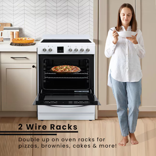 Equator Advanced Appliances 24″ Freestanding Electric Range with Air Fry Convection Oven, 4-Burner Glass Top – White