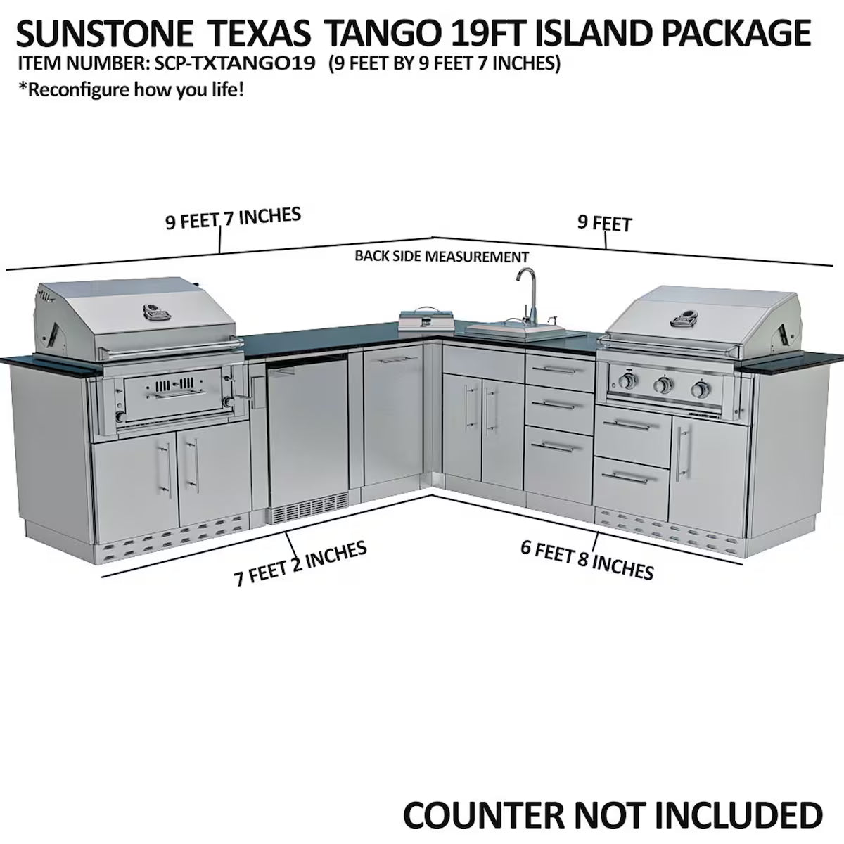 Sunstone Texas Tango 19′ Stainless Steel Outdoor Kitchen Island Package with Grill, Side Burner, Refrigerator & Sink
