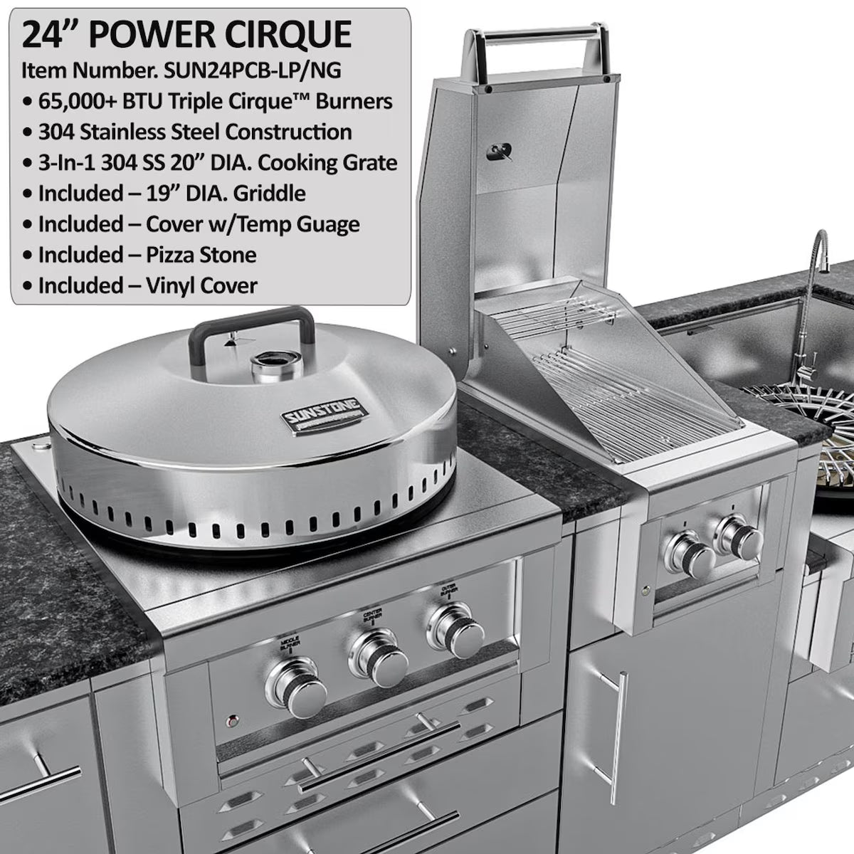Sunstone Texas Cajun 9′ Stainless Steel Outdoor Kitchen Island Package with Grill, Side Burner, Refrigerator & Sink
