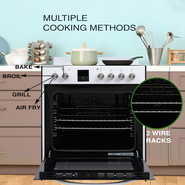 Equator Advanced Appliances 20″ Freestanding Electric Range with Air Fry Convection Oven, 4-Burner Glass Top – White
