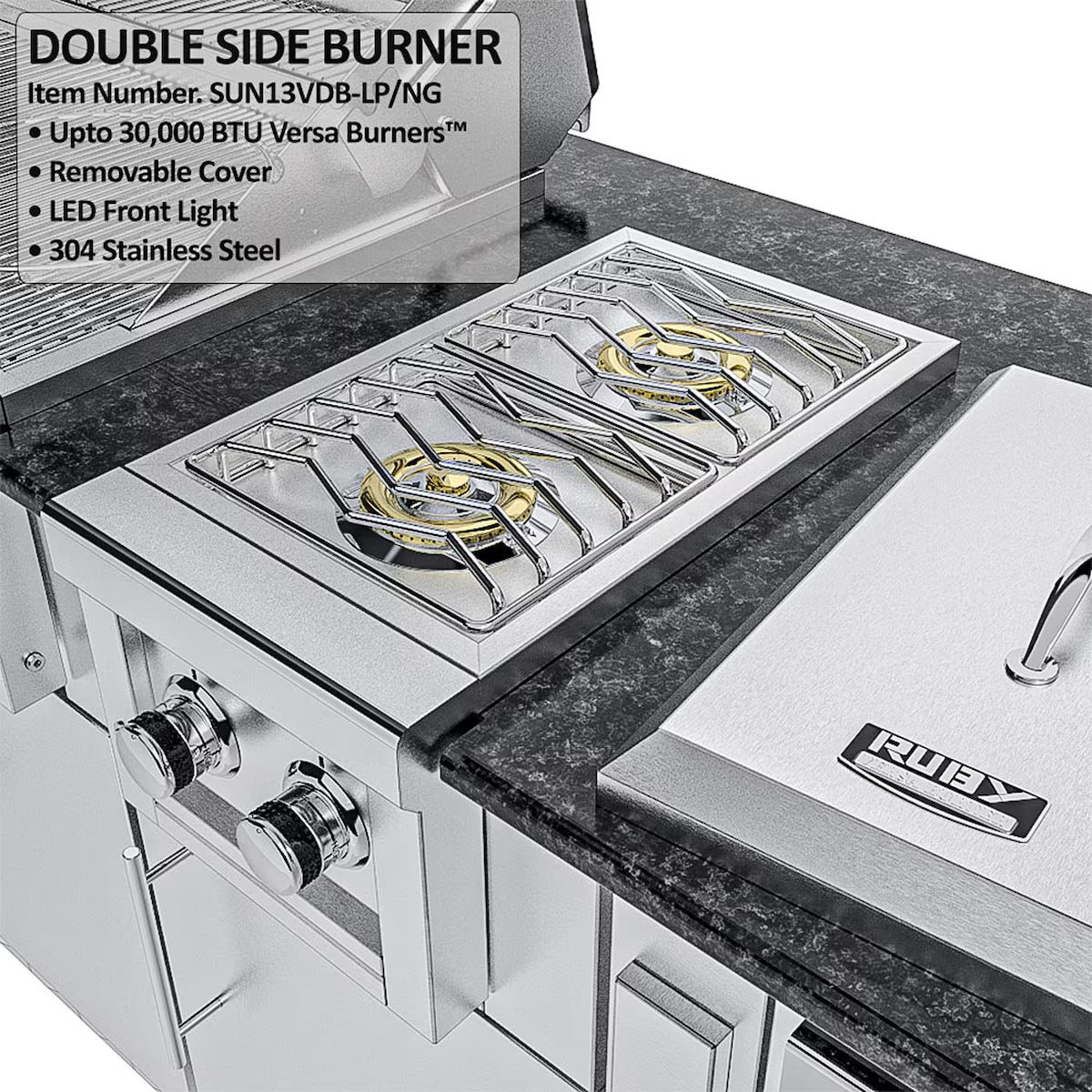 Sunstone Houston 9′8″ Stainless Steel Outdoor Kitchen Island Package with Grill, Side Burner, Refrigerator & Sink