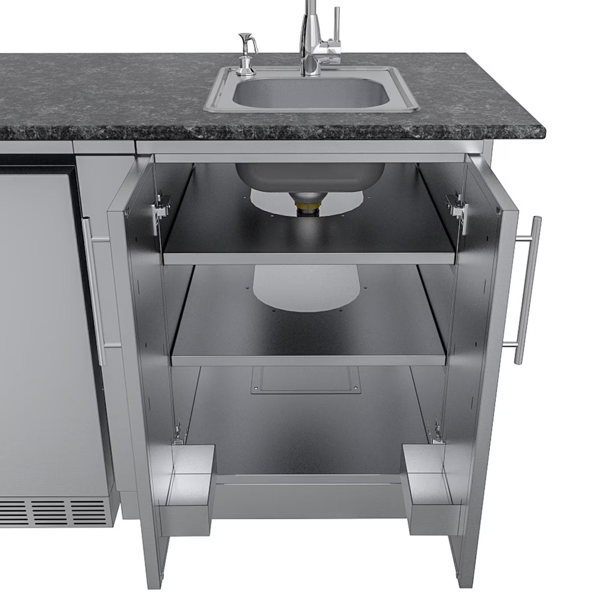 Sunstone Brazos 9′ Stainless Steel Outdoor Kitchen Island Package with Grill, Side Burner, Refrigerator & Sink