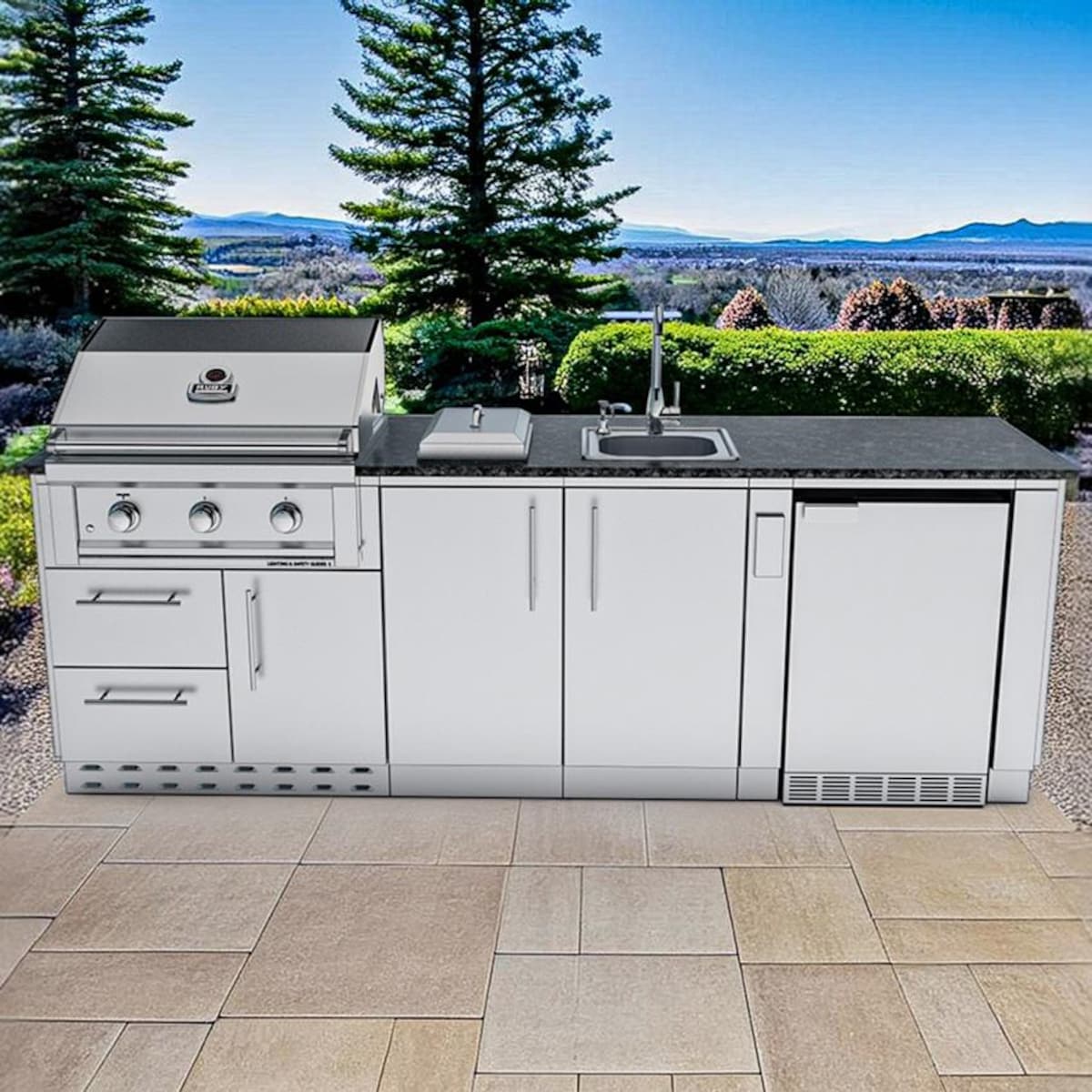 Sunstone Bayou 8′6″ Stainless Steel Outdoor Kitchen Island Package with Grill, Burner, Refrigerator & Sink