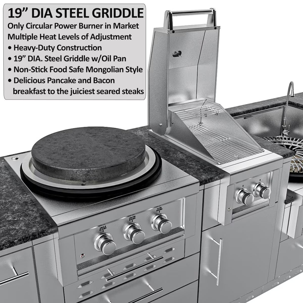Sunstone Texas Cajun 9′ Stainless Steel Outdoor Kitchen Island Package with Grill, Side Burner, Refrigerator & Sink