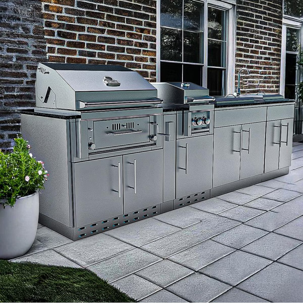 Sunstone Alamo 10′ Stainless Steel Outdoor Kitchen Island Package with Grill, Side Burner, Refrigerator & Sink