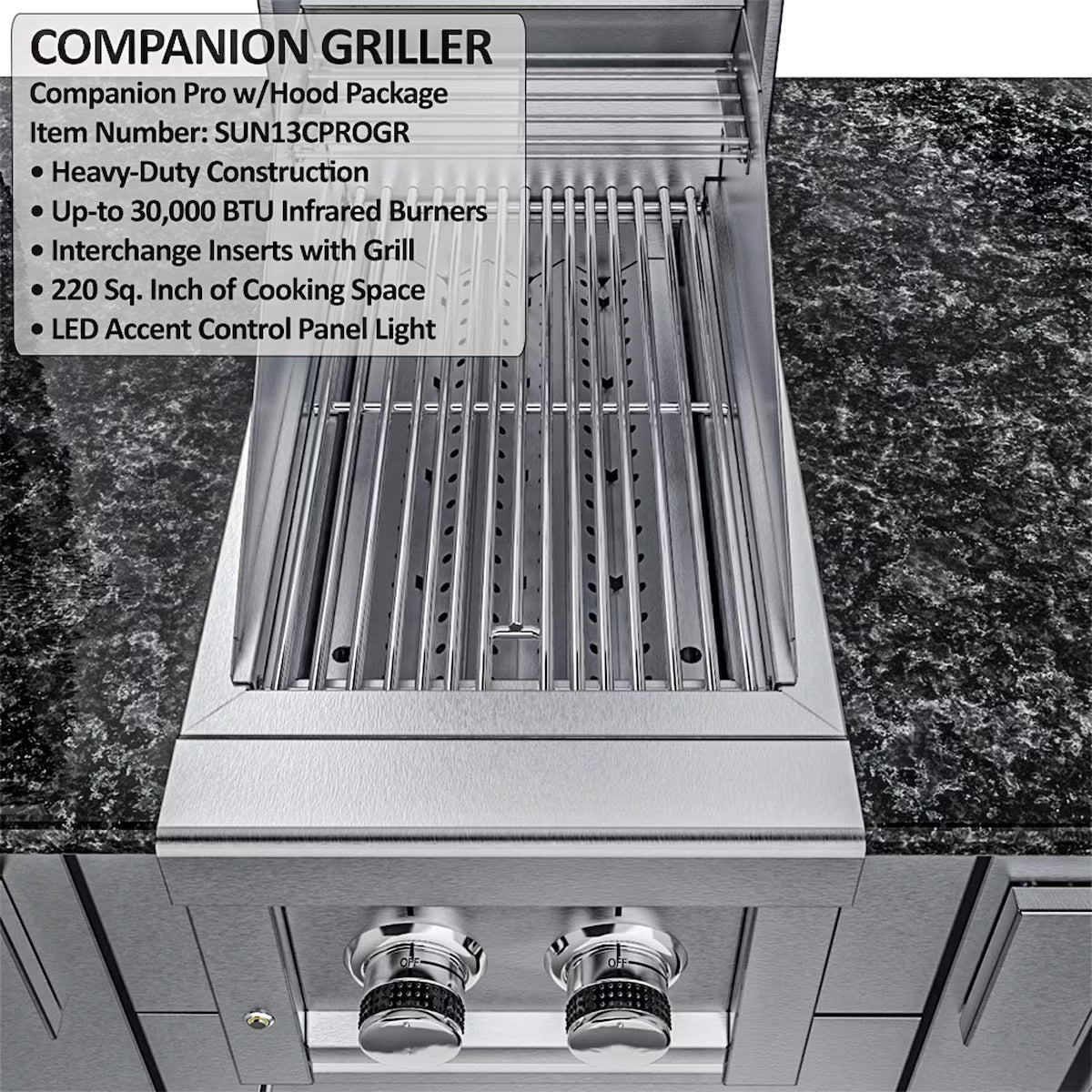 Sunstone Cypress 11′6″ Stainless Steel Outdoor Kitchen Island Package with Grill, Burner, Refrigerator & Sink