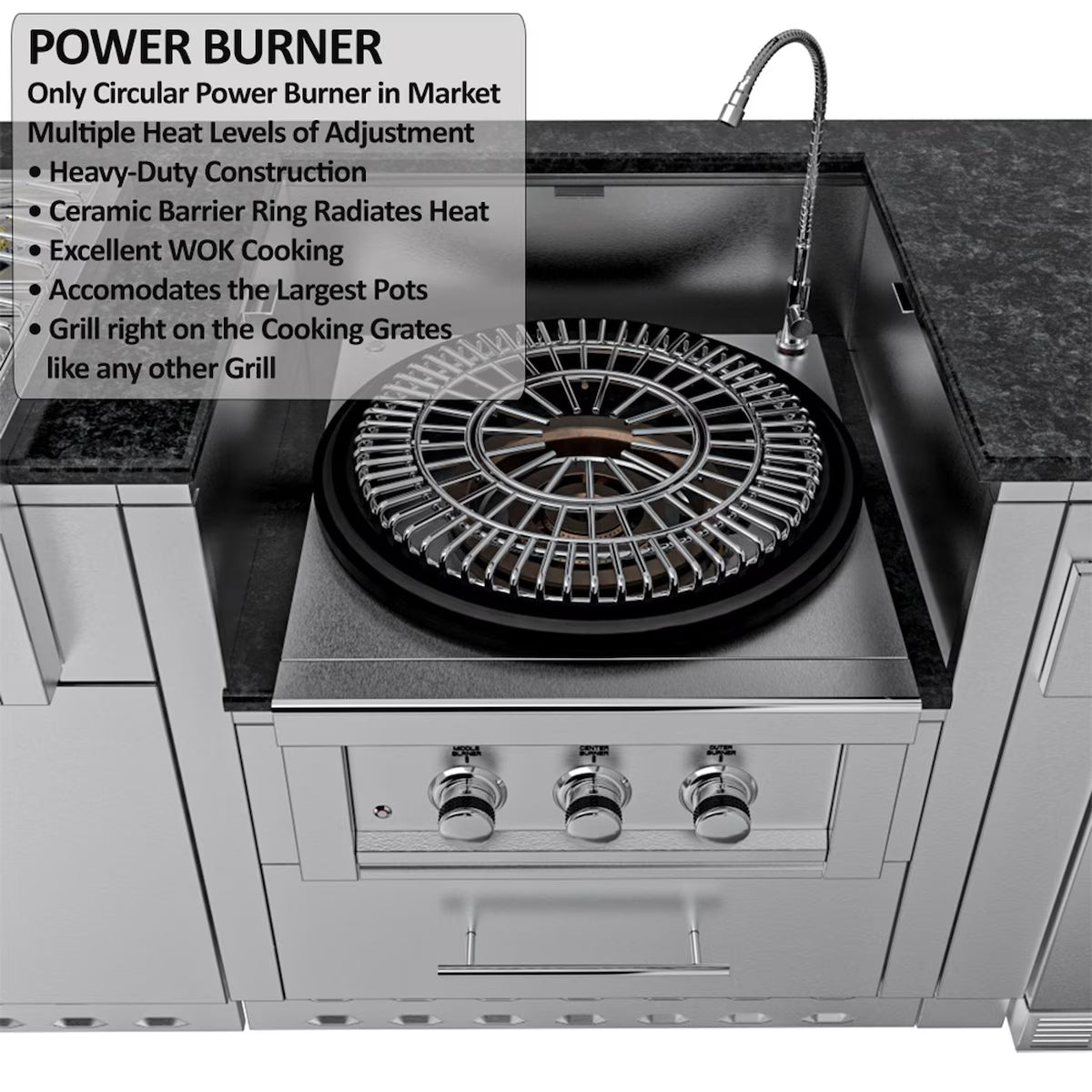 Sunstone Hill Country 13′6″ Stainless Steel Outdoor Kitchen Island Package with Grill, Side Burner, Refrigerator & Sink