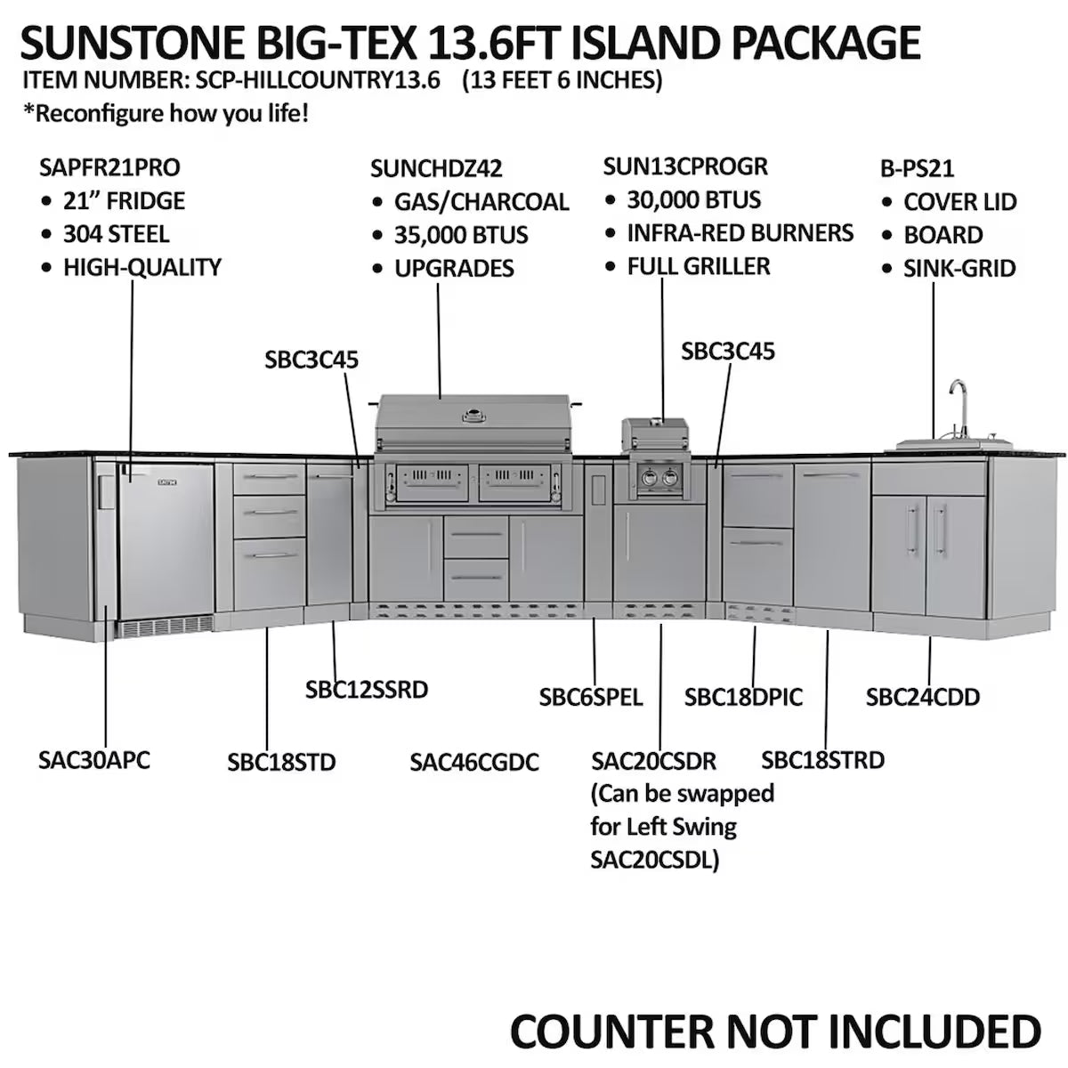 Sunstone Big Tex 21-Ft Stainless Steel Outdoor Kitchen Island Package with Grill, Side Burner, Refrigerator & Sink