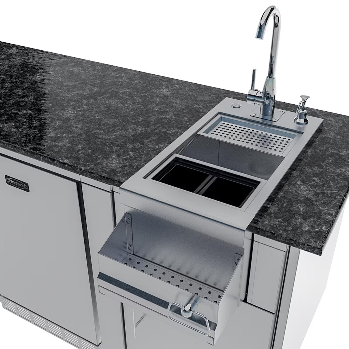 Sunstone Savanna 16′ Stainless Steel Outdoor Kitchen Island Package with Grill, Double Burner, Refrigerator & Sink